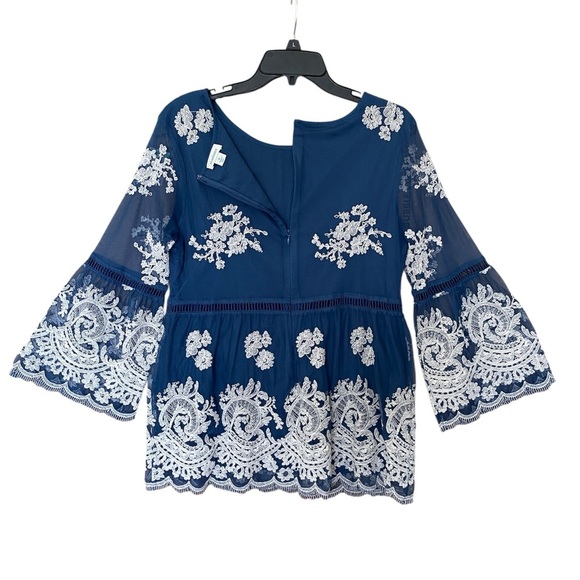 Sundance Fleur In Bloom Lace Blue Floral Embroidered Bell Sleeve Blouse Medium - Picture 6 of 9